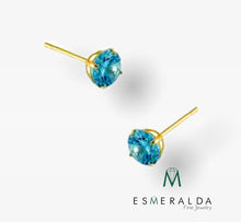 Load image into Gallery viewer, .5 ct Solid 14K Yellow Gold 4mm Round Cut Blue Topaz CZ Earrings