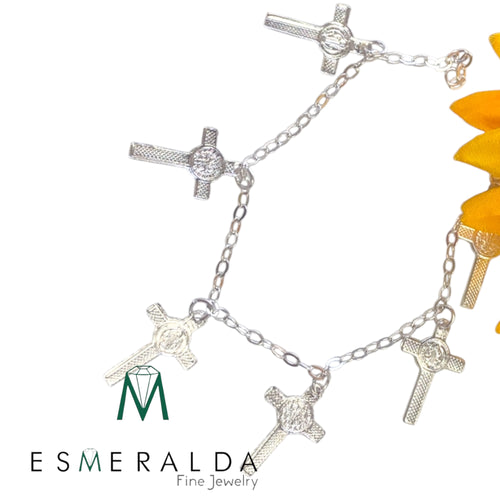 Delicate St. Benedict Cross Charm Bracelet in 925 Sterling Silver,