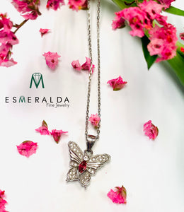 Butterfly Pendant with Red Gemstone Center - Esmeralda Fine Jewlery