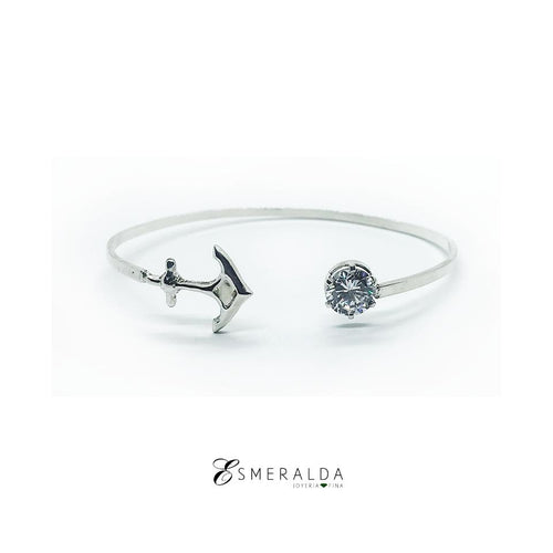 Cuff Style Bracelet with Anchor and Diamond Cut Zirconia End - Esmeralda Fine Jewlery