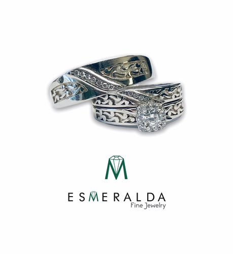 Design Engraved Silver Band Set - Esmeralda Fine Jewlery