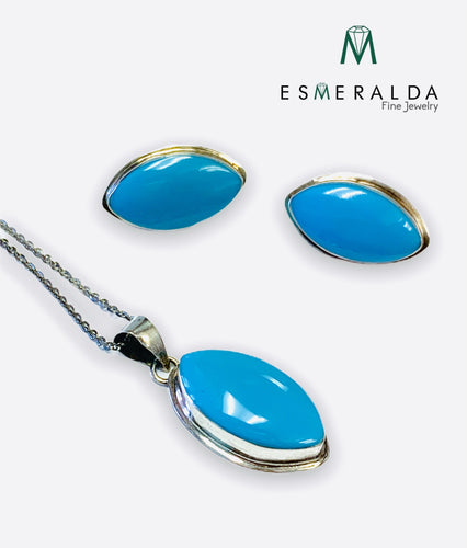 Aqua Blue Oval Stone Earring & Pendant Set - Esmeralda Fine Jewlery