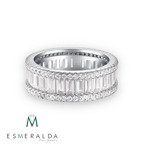 White Sterling Silver Ring Band Fashion Open Back Flat Cubic Zirconia CZ Baguette Round