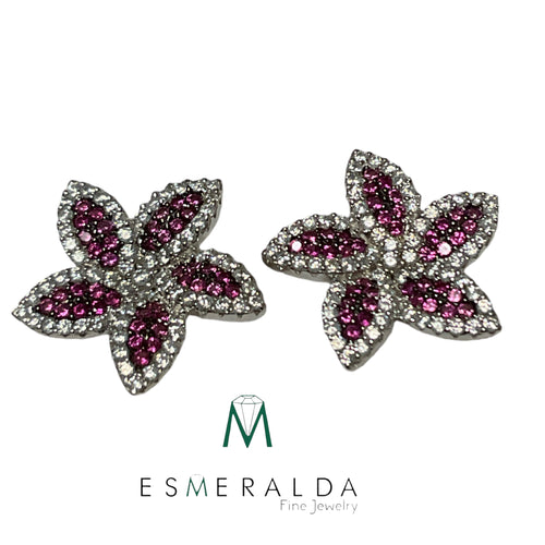 flower earrings with white semiprecious stones and fuish pinks