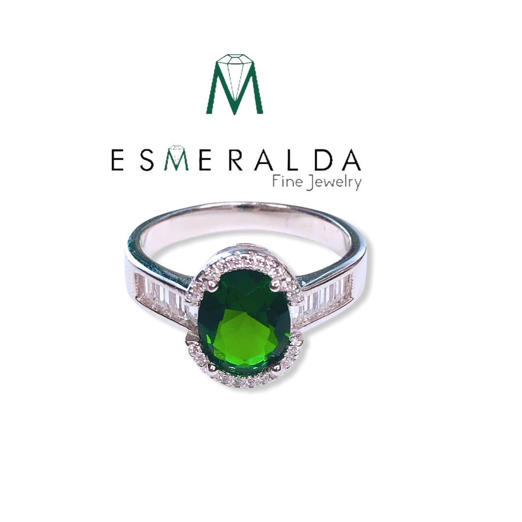 Emerald Green Oval Stone Silver Ring - Esmeralda Fine Jewlery
