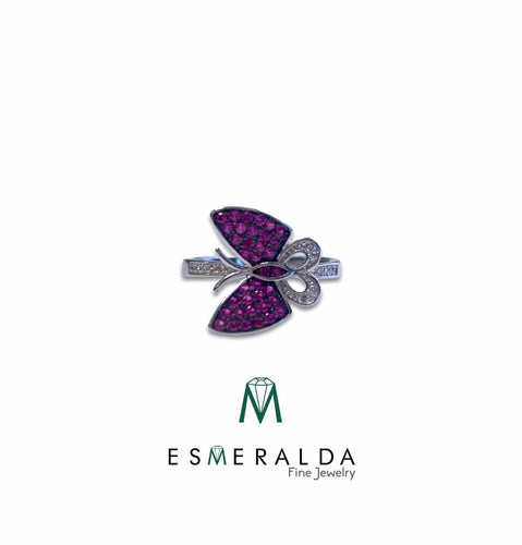 Pink Butterfly Silver Ring