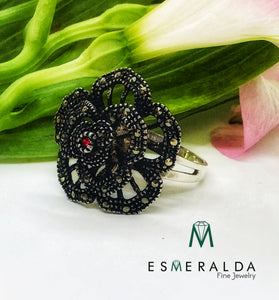 Oxidized Silver Flower Ring