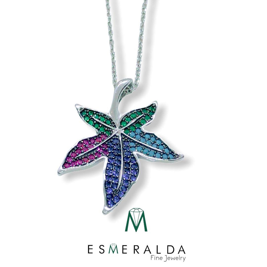 Leaf Pendant with Multicolor Gem Detail - Esmeralda Fine Jewlery