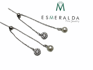 Double Strand Pearl & White Stone Earrings - Esmeralda Fine Jewlery