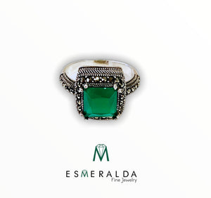 Green Square Gemstone Oxidized Silver Ring