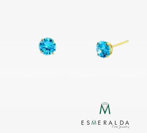.5 ct Solid 14K Yellow Gold 4mm Round Cut Blue Topaz CZ Earrings