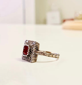 Red Square Shaped Gemstone Silver Ring